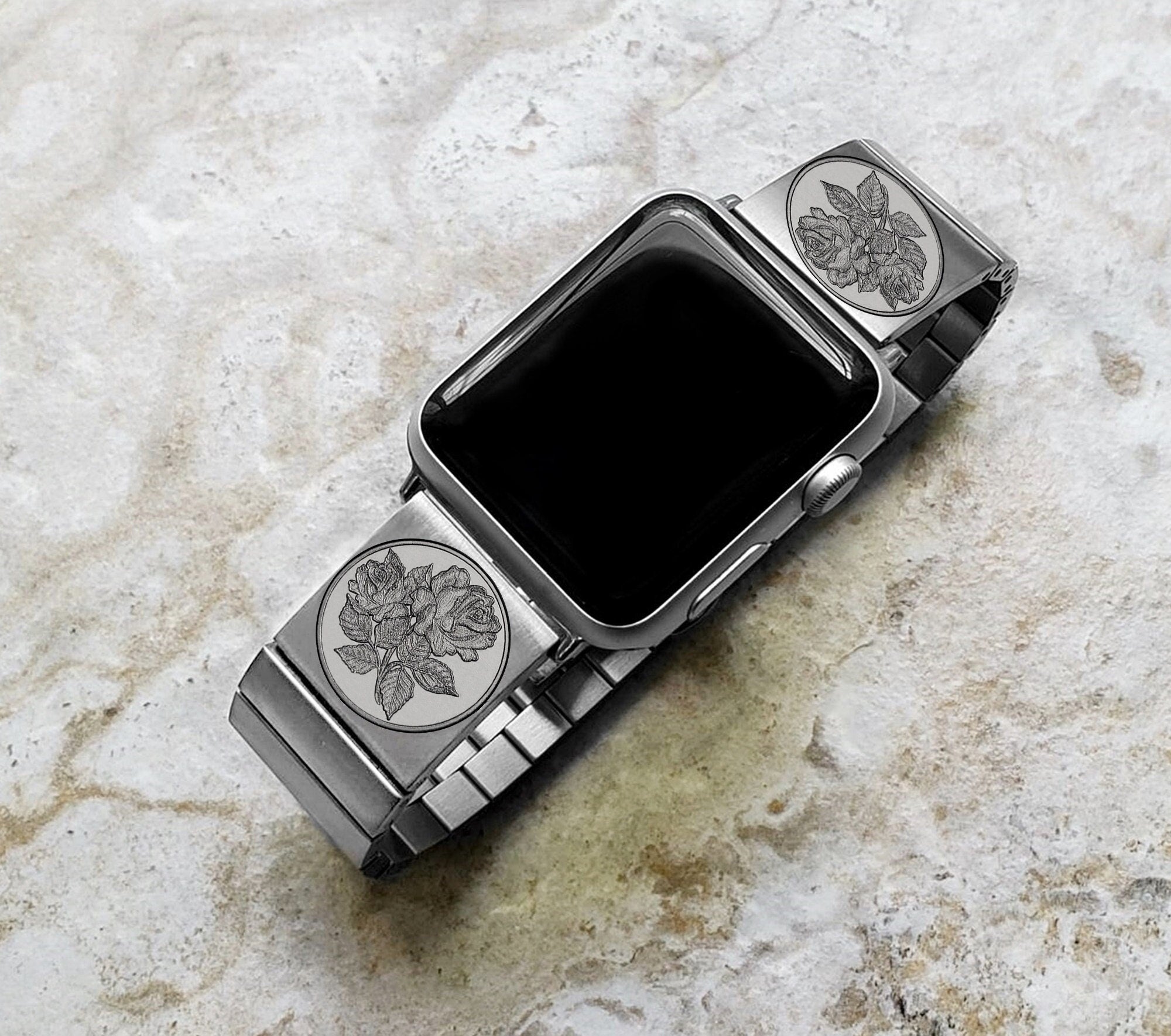 Roses Floral Engraved Band Compatible with Apple Watch Ultra 2 9 8 7 SE 6 5 4 3 2 Case 38mm 40mm 41mm 42mm 44mm 45mm 49mm St Steel Strap RS1